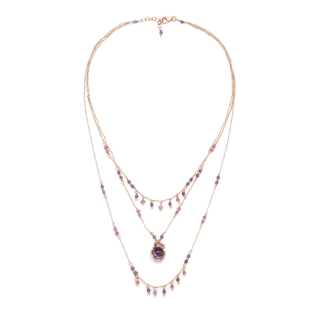 Collana a tre fili Caroline con Ametiste e Zaffiri Rosa – Ishwara Jewels