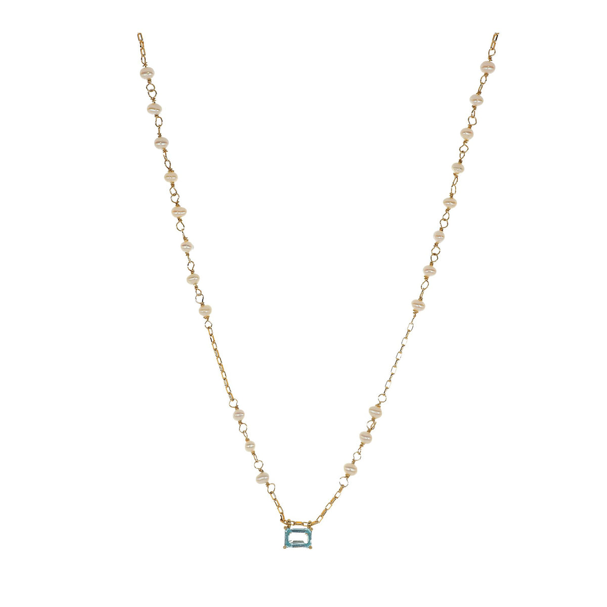 Collana con Topazio azzurro taglio Smeraldo e perle naturali | Unica