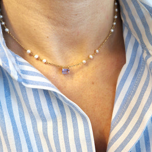 Collana con Topazio azzurro taglio Smeraldo e perle naturali | Unica