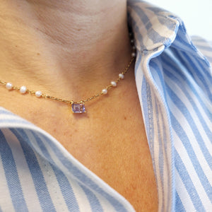 Collana con Topazio azzurro taglio Smeraldo e perle naturali | Unica